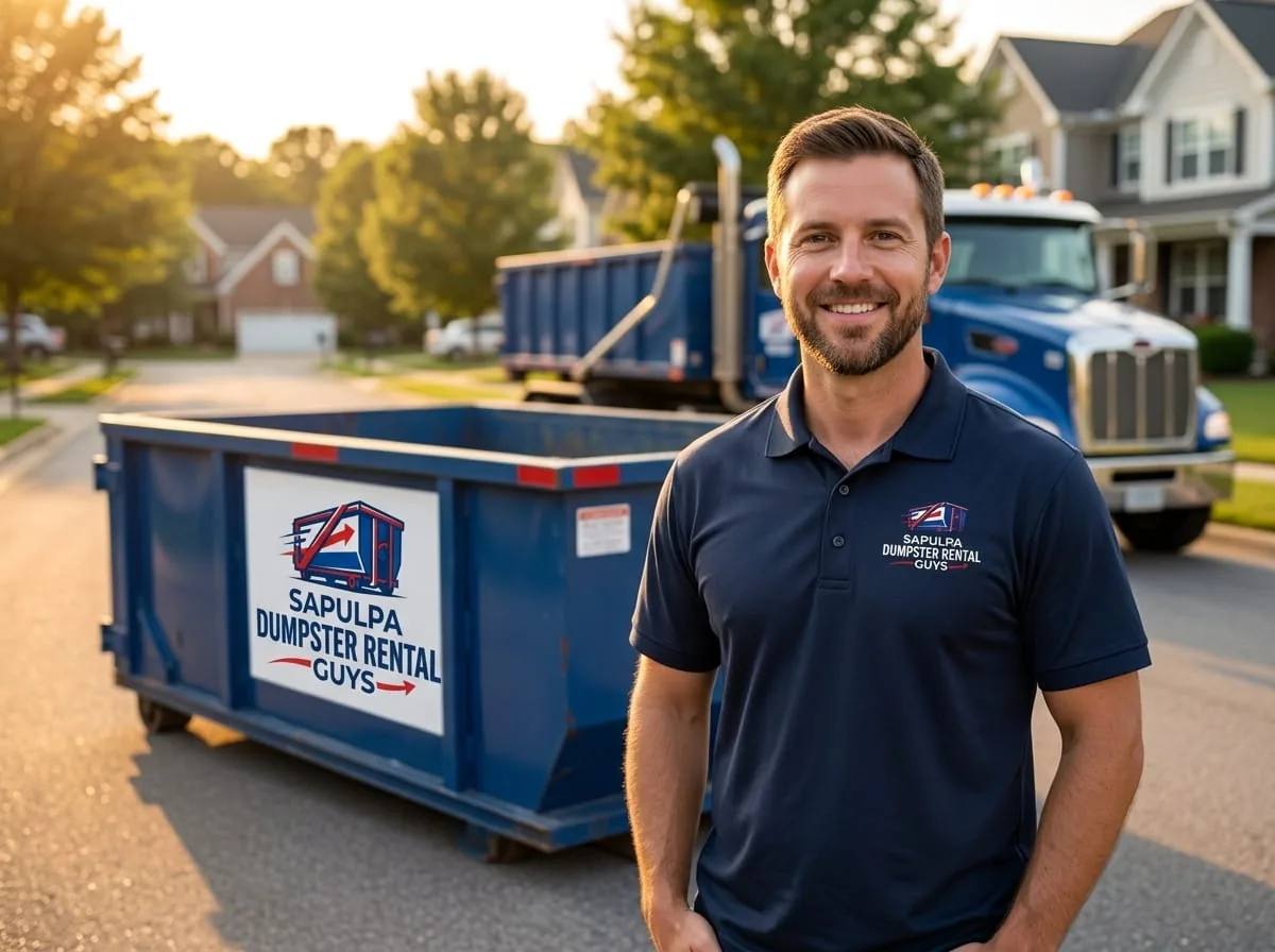 Locally owned dumpster rental company in Sapulpa OK Sapulpa Dumpster Rental Guys container on a Creek County driveway